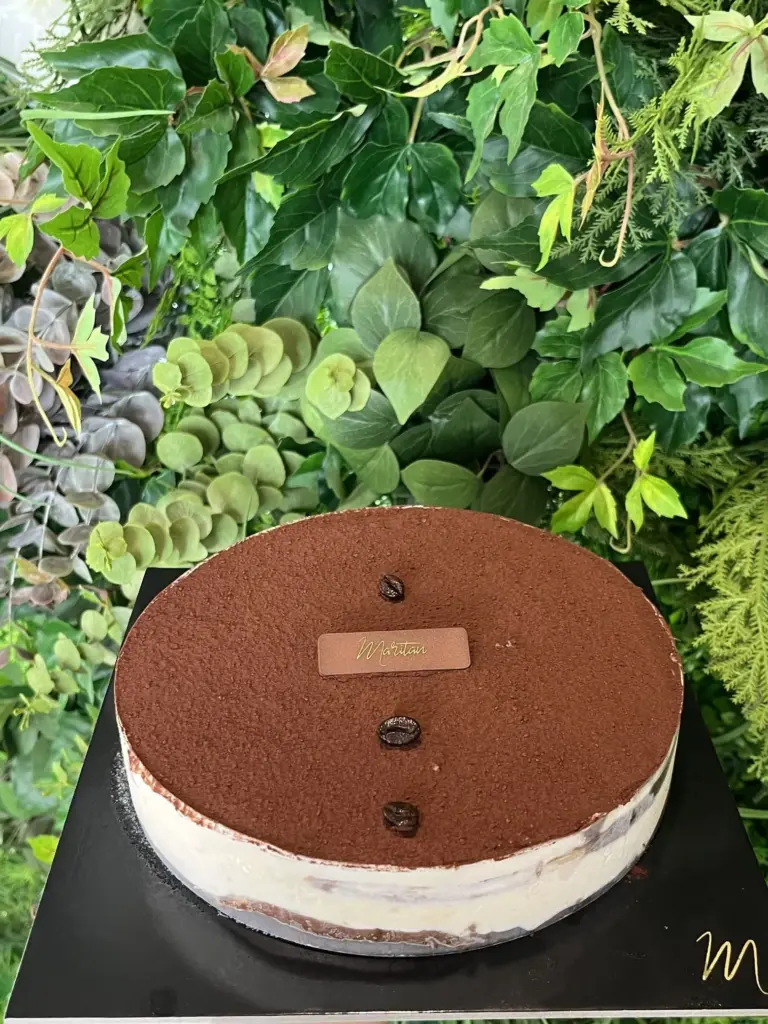 Tiramisù della Pasticceria Maritan davanti alla parete verde del locale a Padova